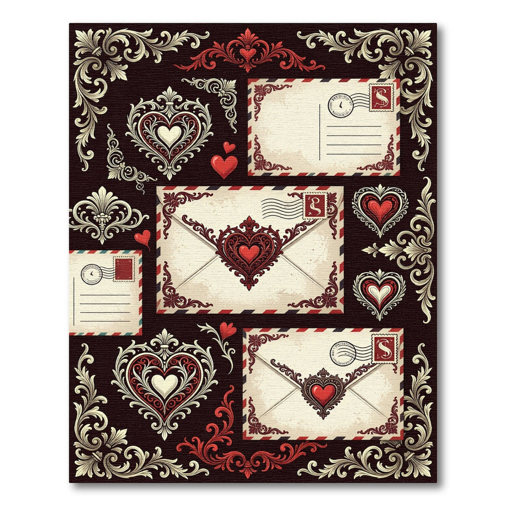 Antique Red Floral Heart Ornate Border Rug