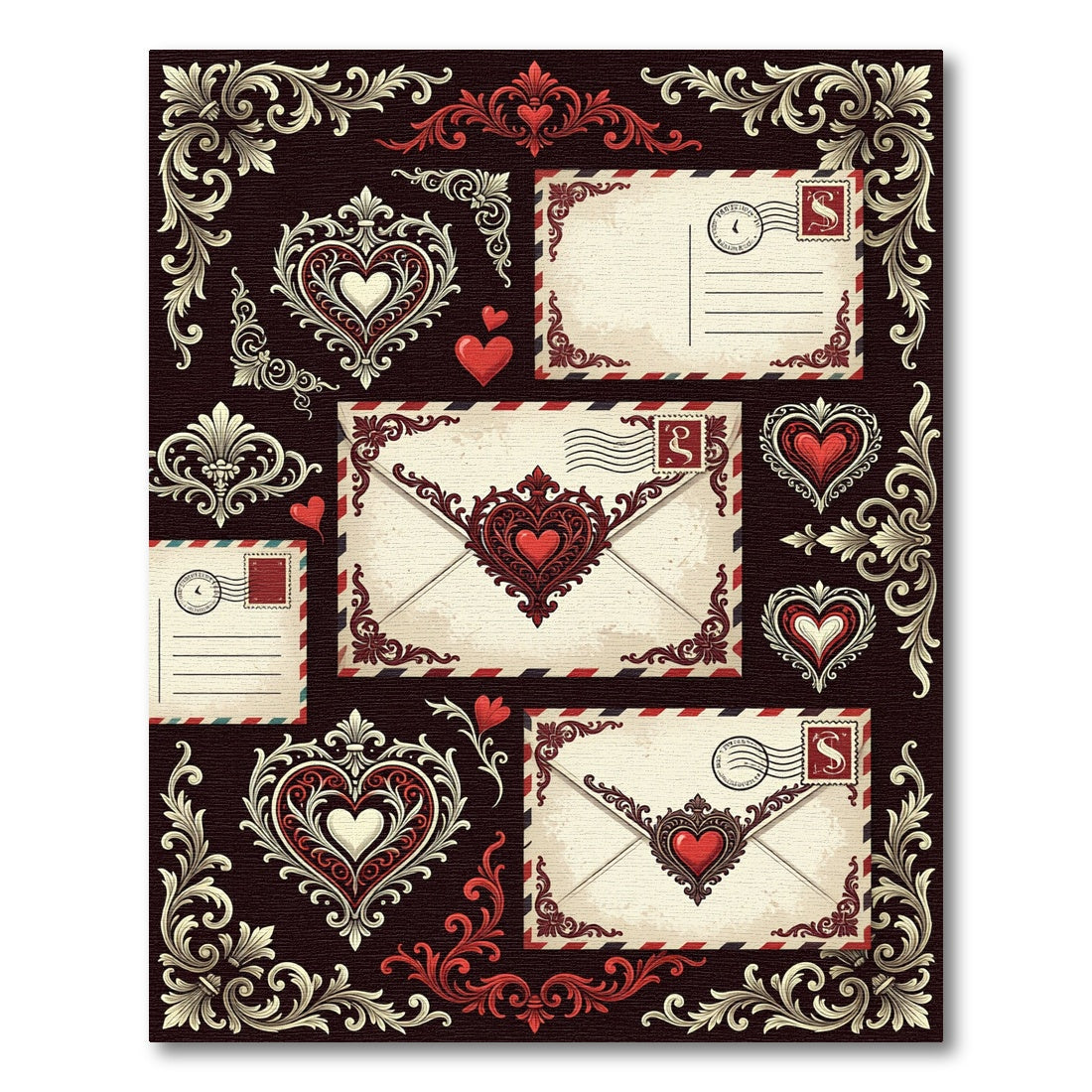 Antique Red Floral Heart Ornate Border Rug