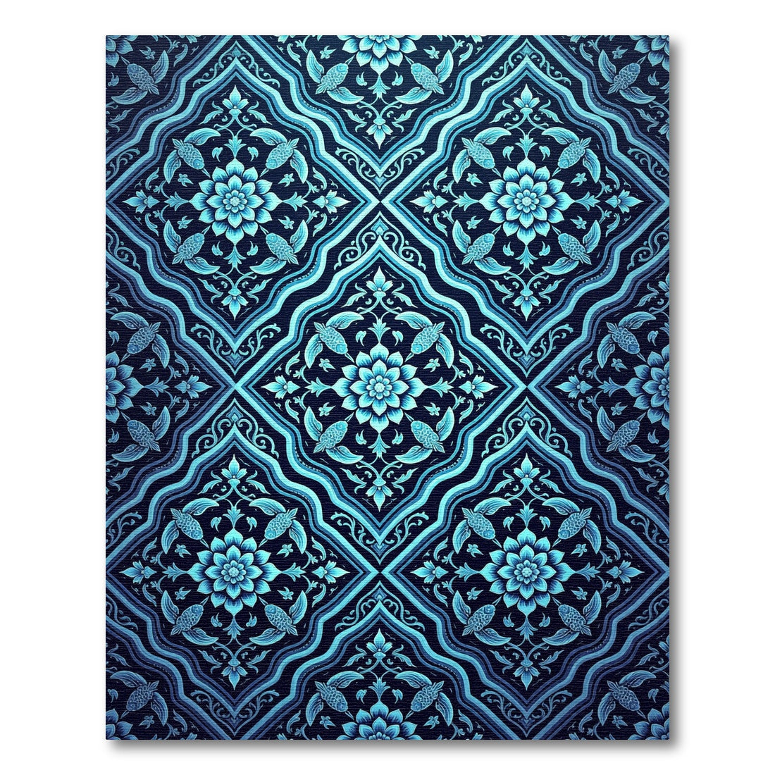 Deep Blue Floral Fish Medallion Rug