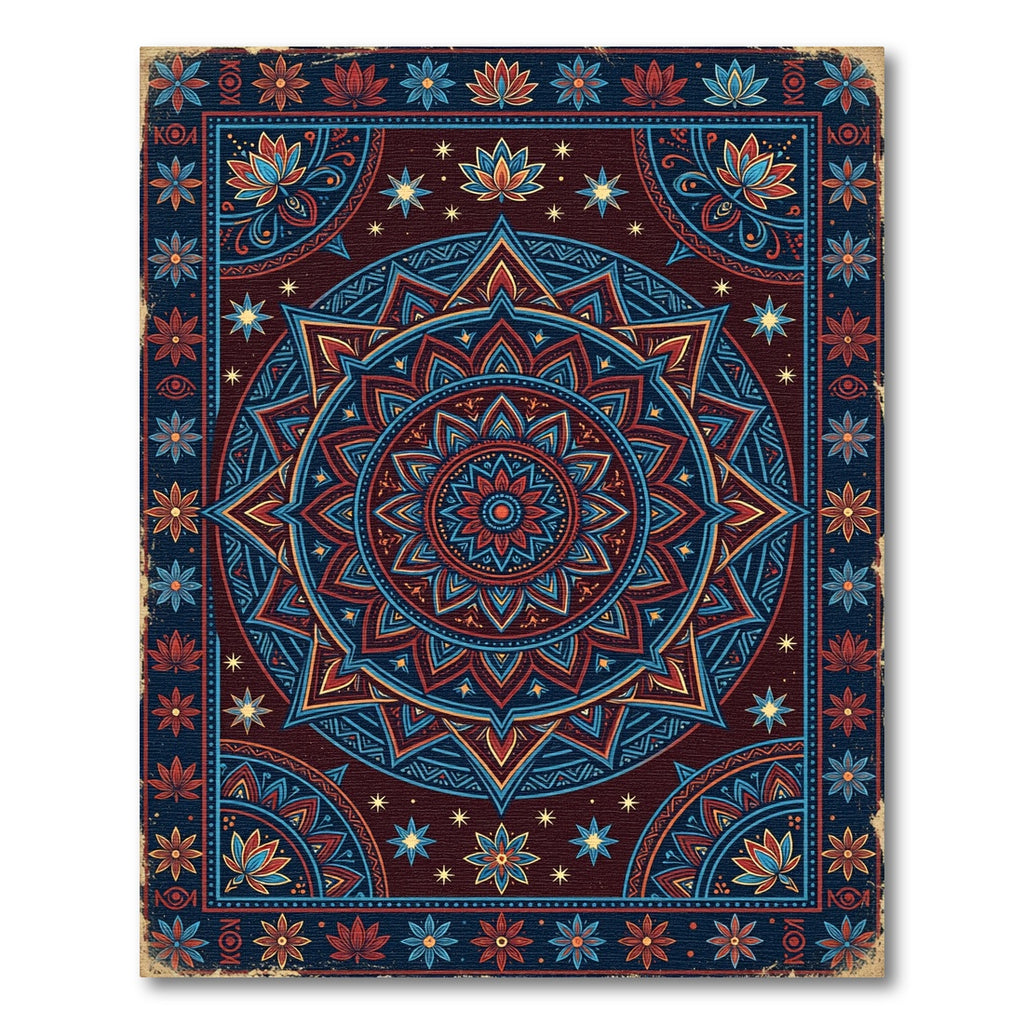 Crimson Blue Lotus Star Mandala Rug