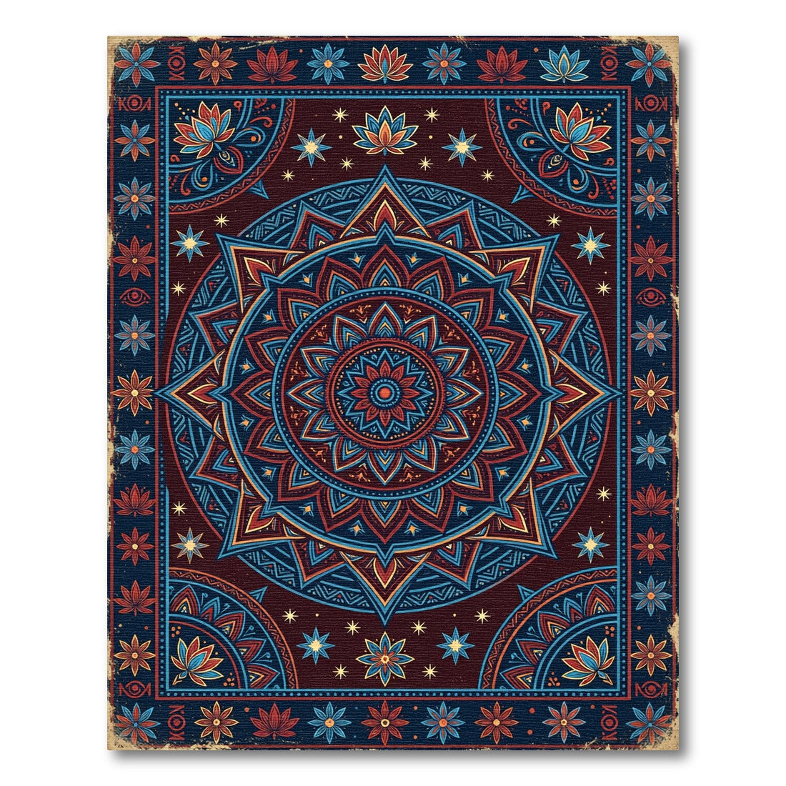 Crimson Blue Lotus Star Mandala Rug