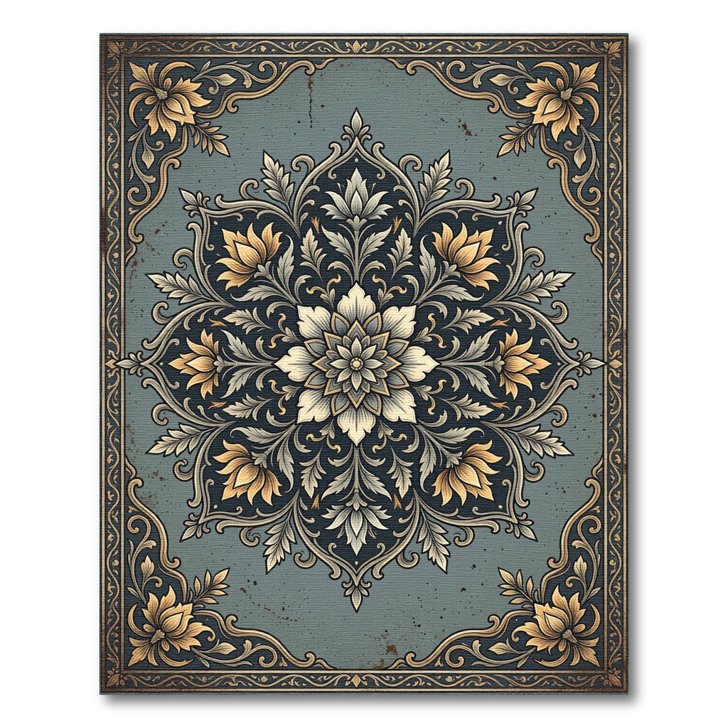 Sophisticated Slate Blue Golden Floral Medallion Rug