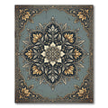 Sophisticated Slate Blue Golden Floral Medallion Rug