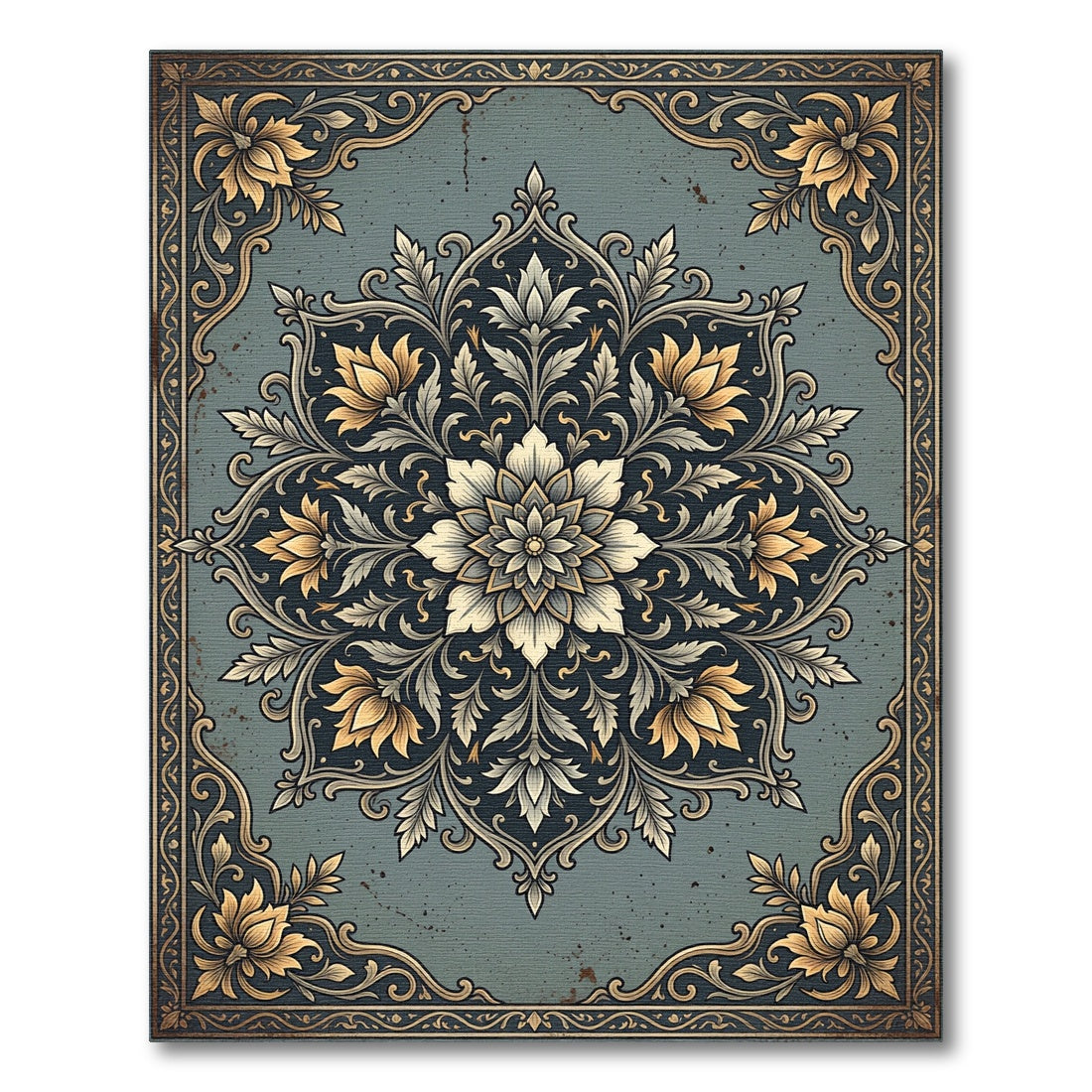 Sophisticated Slate Blue Golden Floral Medallion Rug
