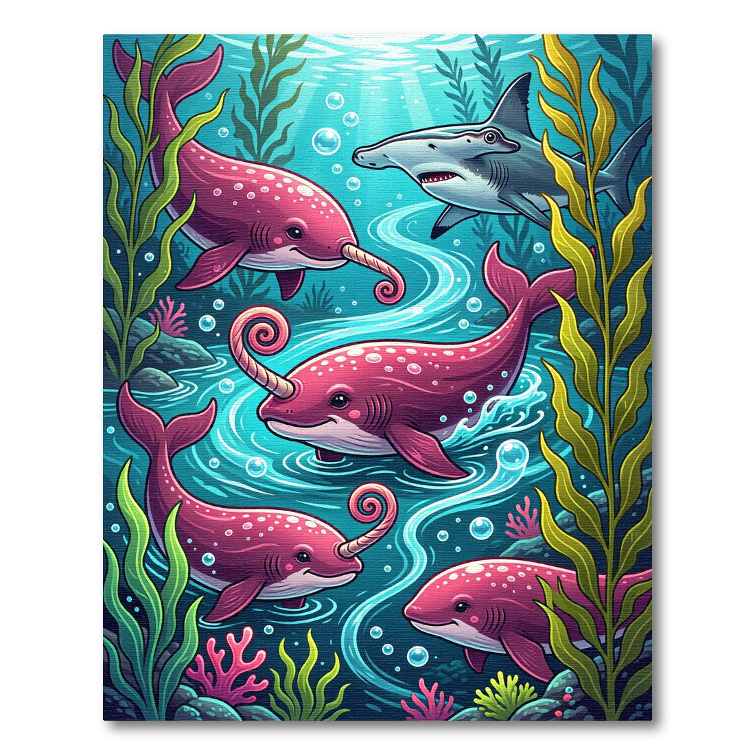 Vibrant Pink Narwhal Ocean Scene Rug