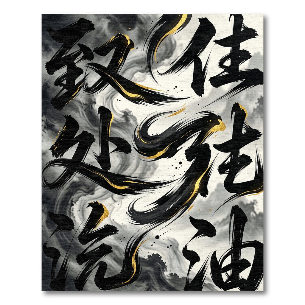 Elegant Black Gold Zen Ink Abstract Rug