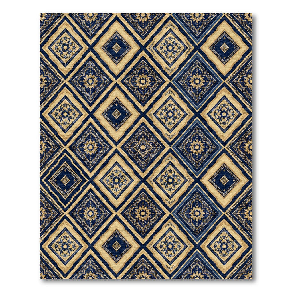 Navy Blue Gold Geometric Diamond Tile Rug
