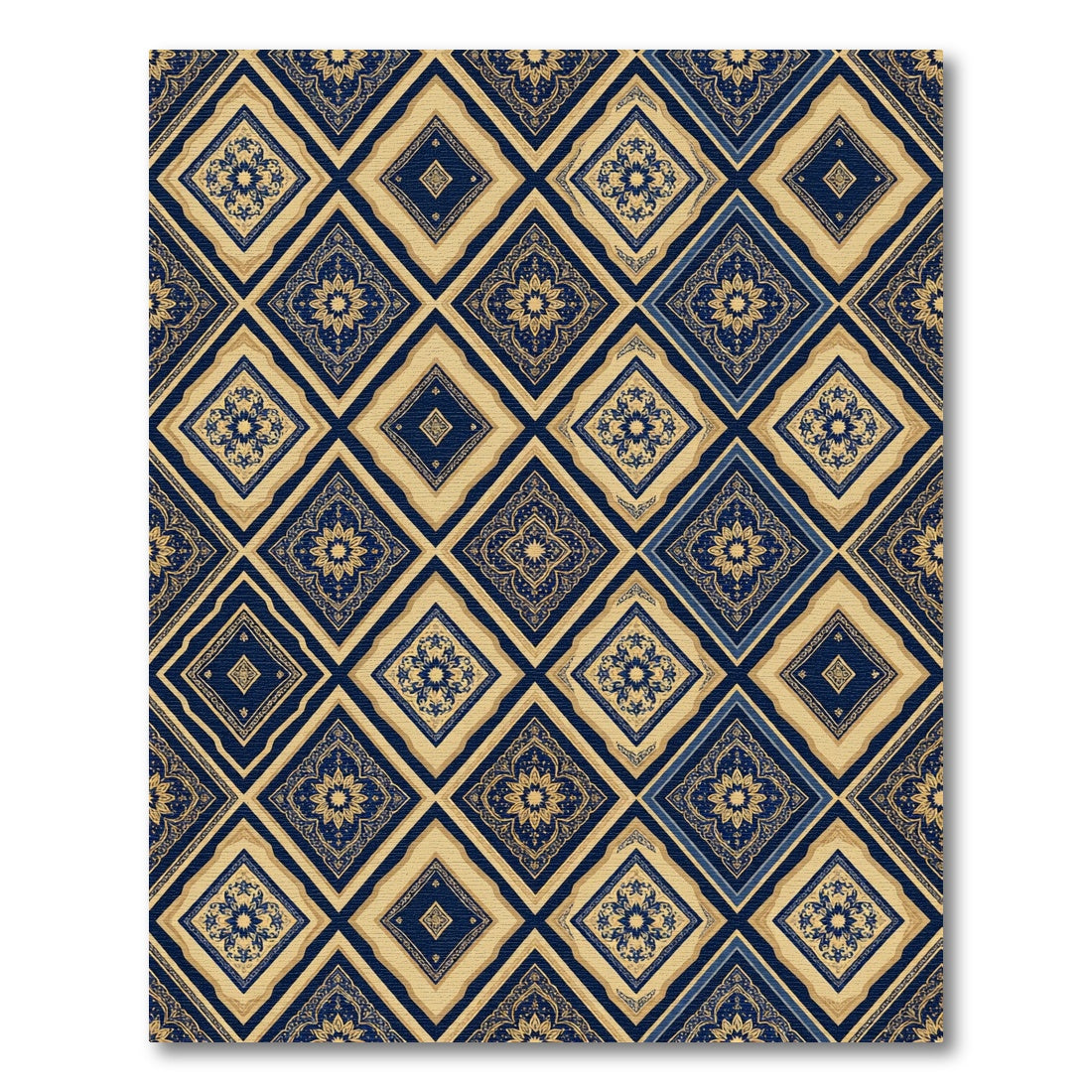 Navy Blue Gold Geometric Diamond Tile Rug