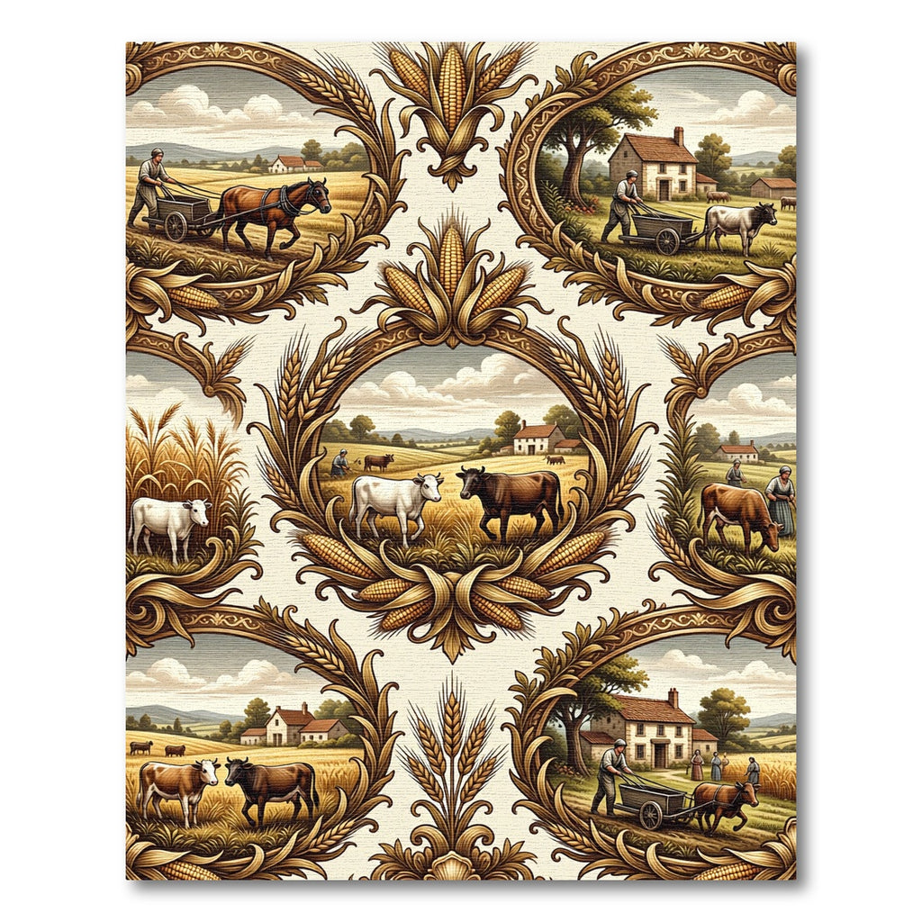 Golden Farm Scene Oval Medallion Rug