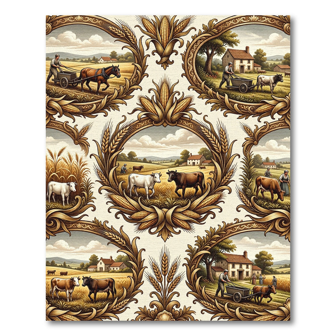 Golden Farm Scene Oval Medallion Rug