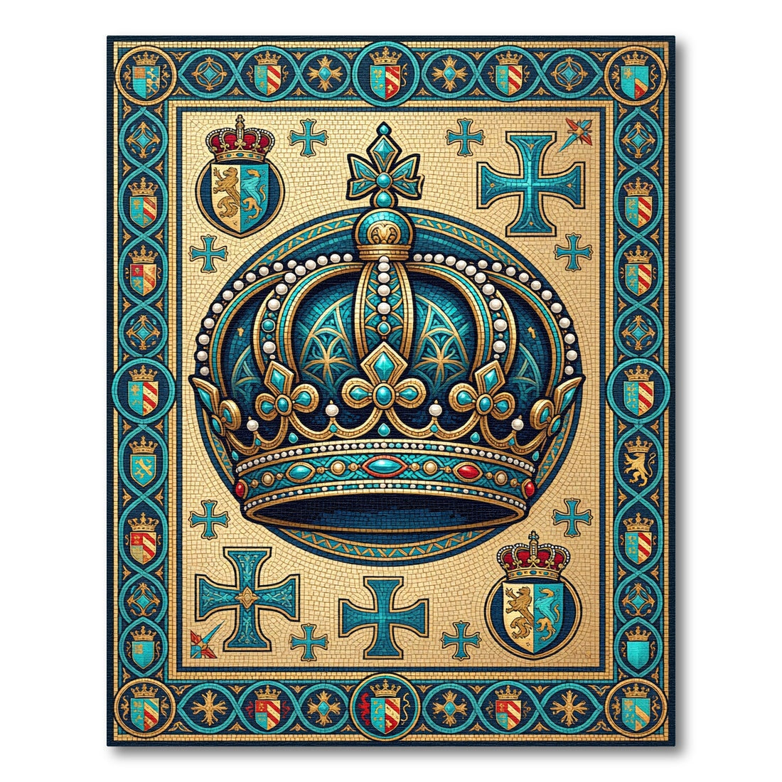 Royal Turquoise Crown Mosaic Emblem Rug
