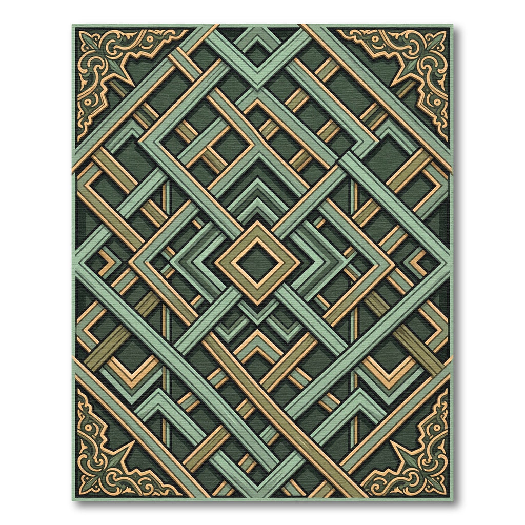 Ornate Sage Green Geometric Lattice Rug