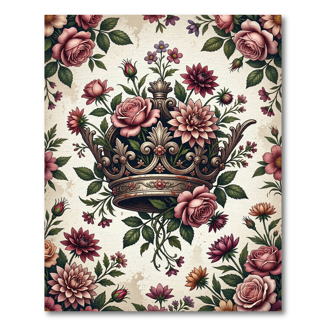 Vintage Rose and Crown Floral Illustration Rug