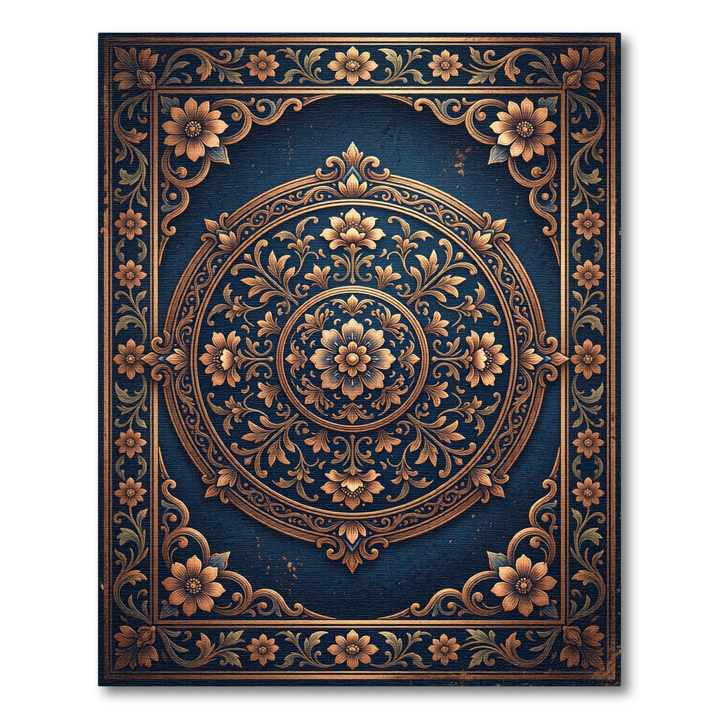 Antique Gold Floral Medallion Navy Rug
