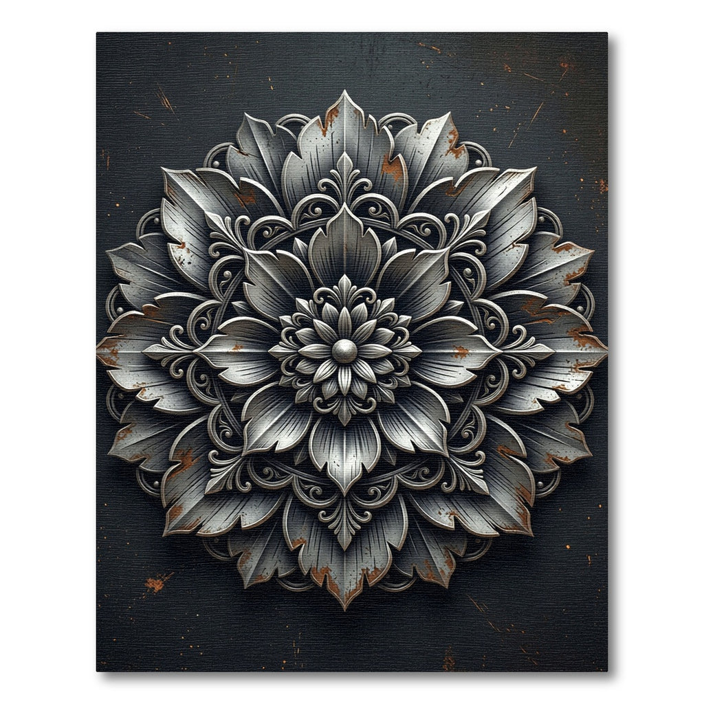 Metallic Silver Floral Medallion Engraving Rug