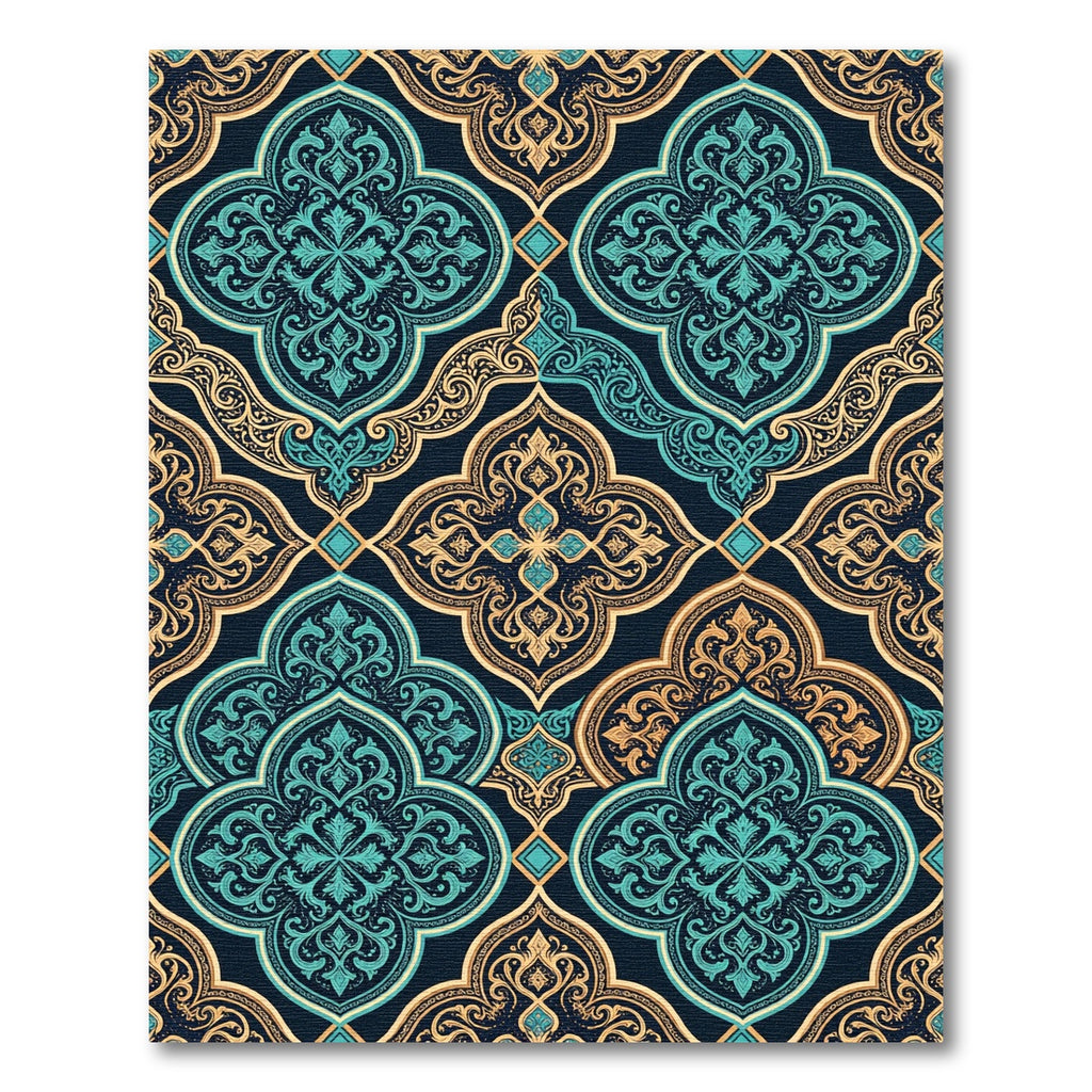 Ornate Teal and Gold Quatrefoil Rug