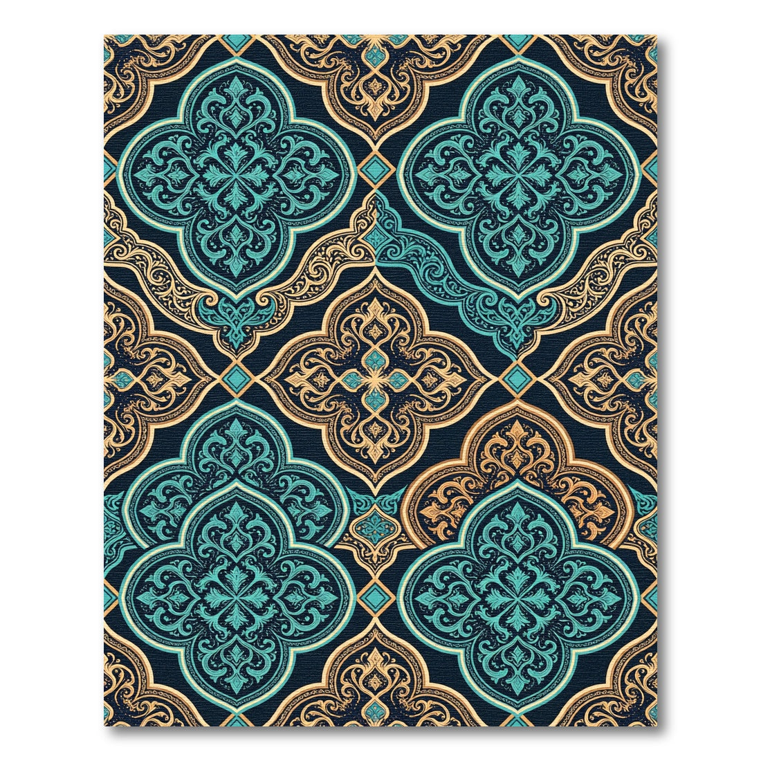 Ornate Teal and Gold Quatrefoil Rug