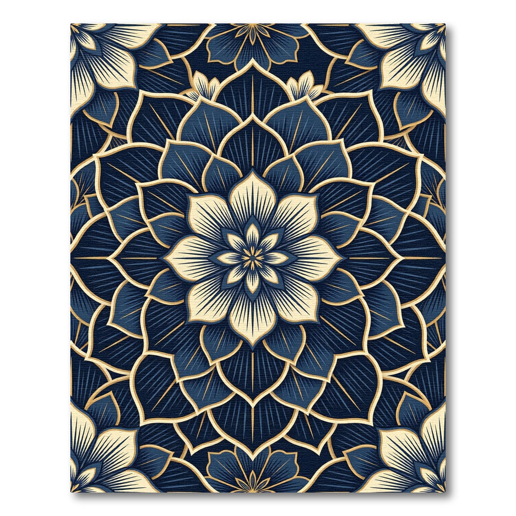 Navy Blue Golden Lotus Medallion Rug