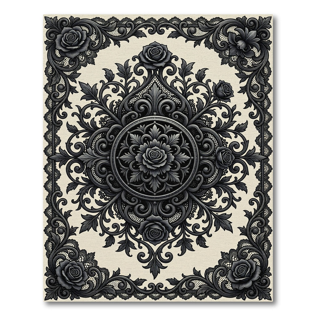 Gothic Black Rose Lace Medallion Rug