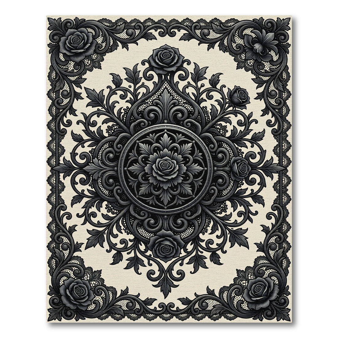 Gothic Black Rose Lace Medallion Rug