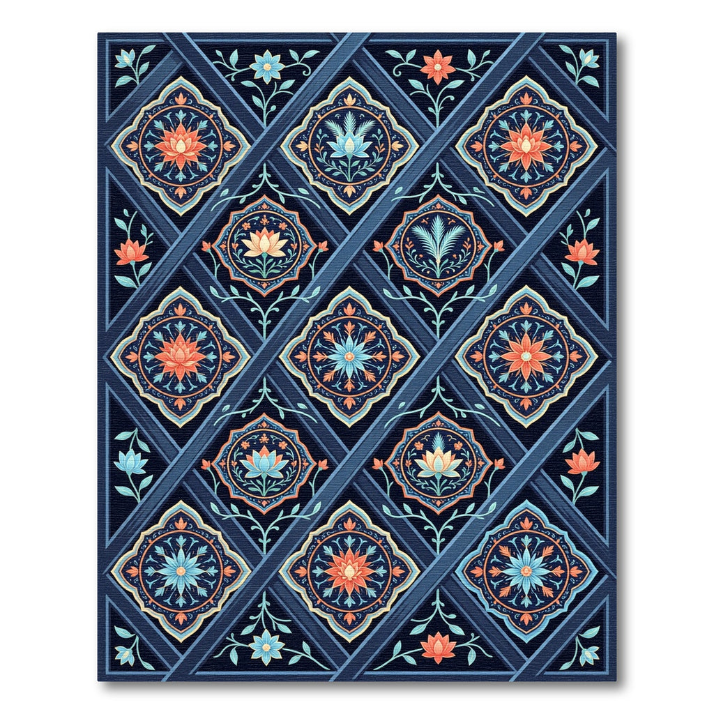 Navy Blue Coral Floral Lattice Rug