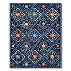 Navy Blue Coral Floral Lattice Rug