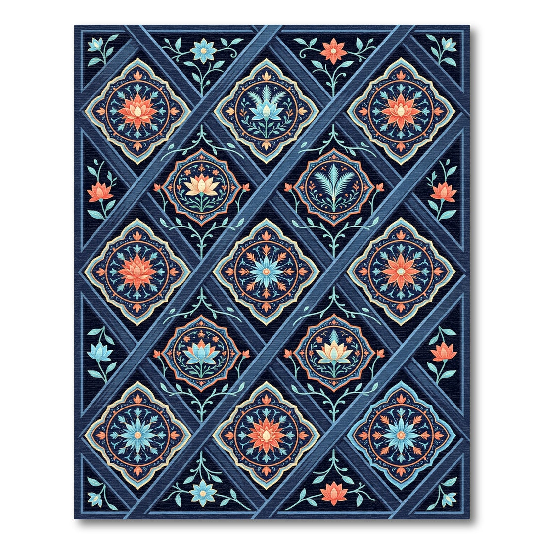 Navy Blue Coral Floral Lattice Rug