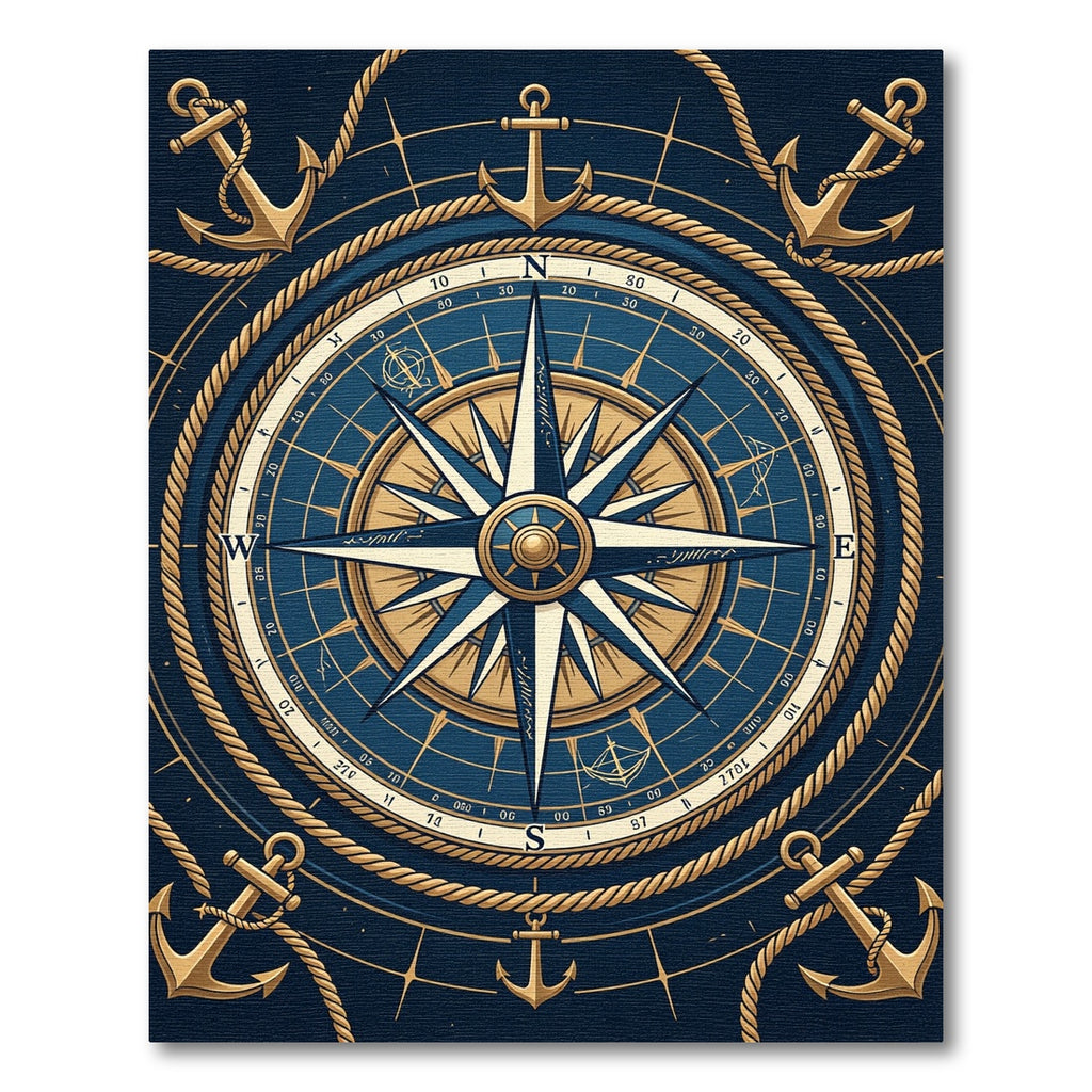 Navy Nautical Compass Gold Anchor Area Rug