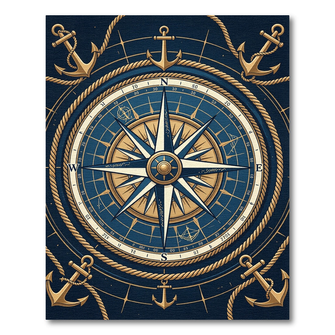 Navy Nautical Compass Gold Anchor Area Rug
