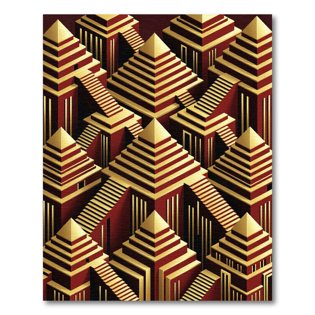 Crimson Gold Geometric Pyramid Steps Rug