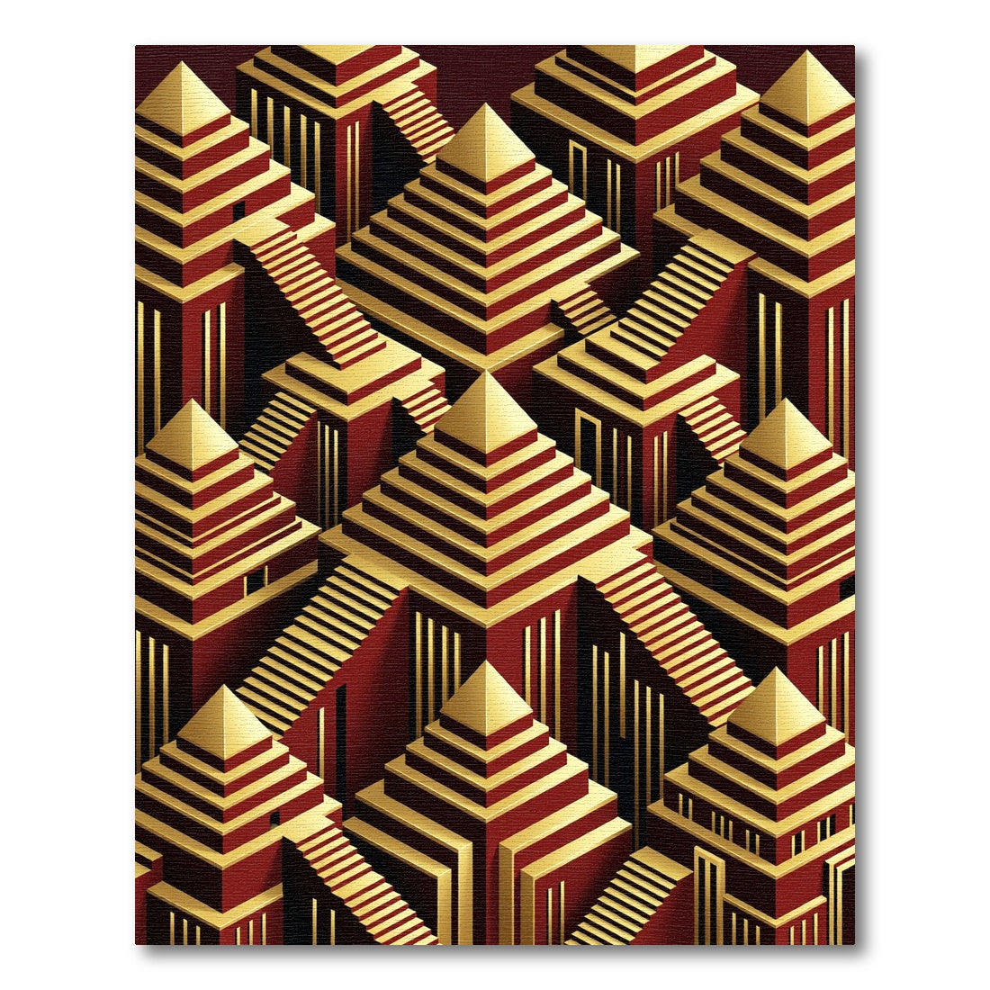 Crimson Gold Geometric Pyramid Steps Rug