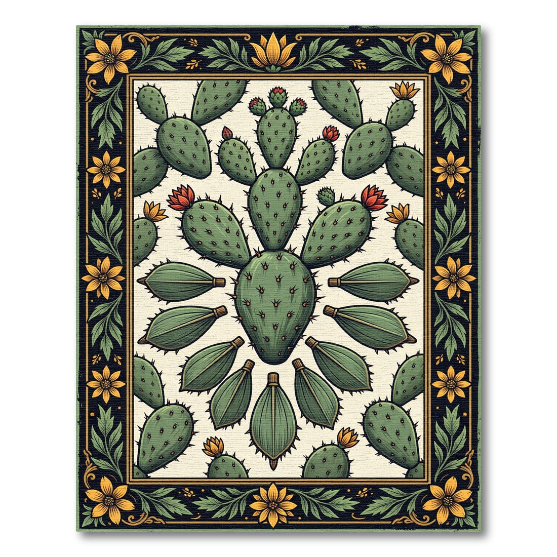 Vintage Prickly Pear Cactus Botanical Art Rug
