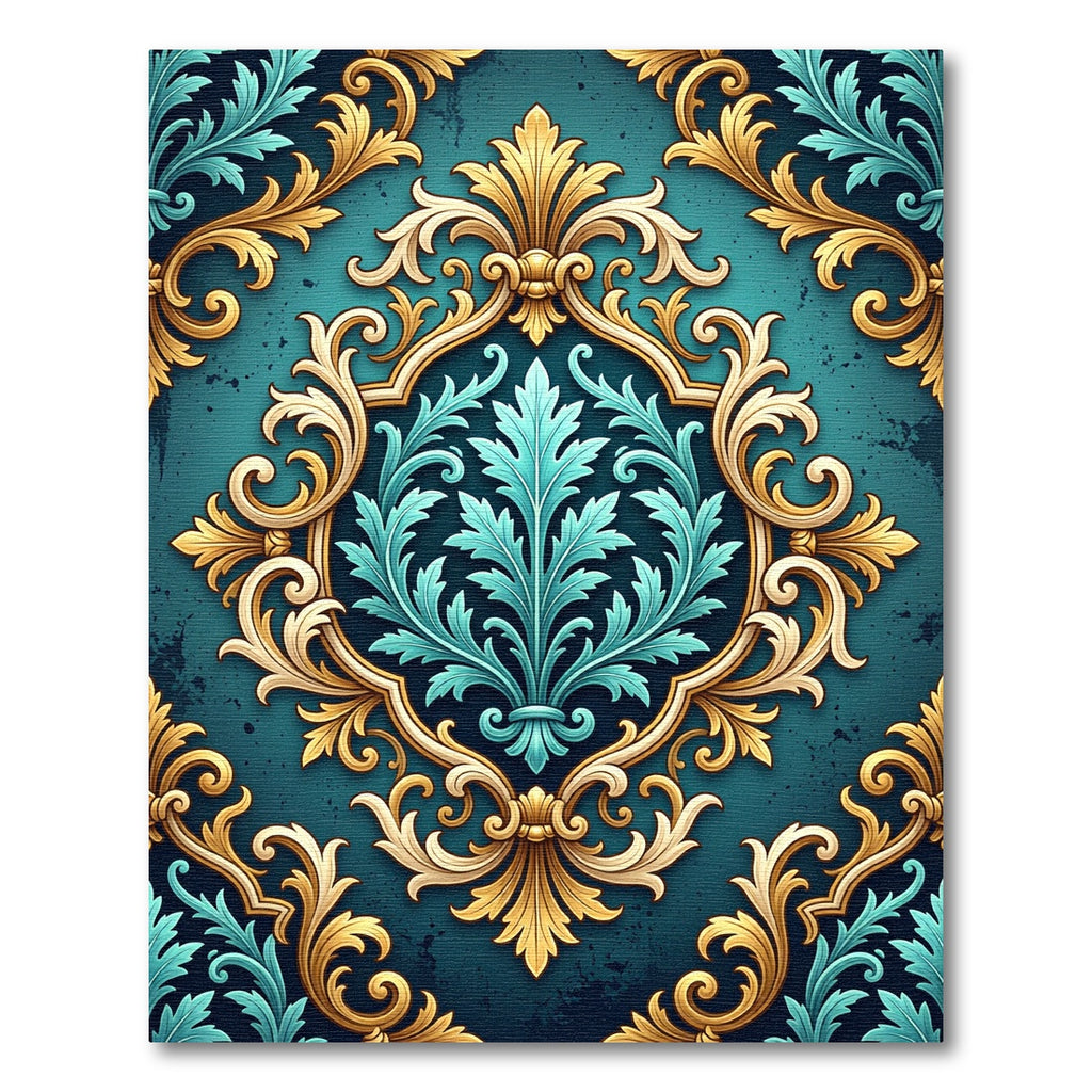 Elegant Gold Teal Damask Ornate Scroll Rug