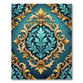 Elegant Gold Teal Damask Ornate Scroll Rug