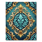 Elegant Gold Teal Damask Ornate Scroll Rug
