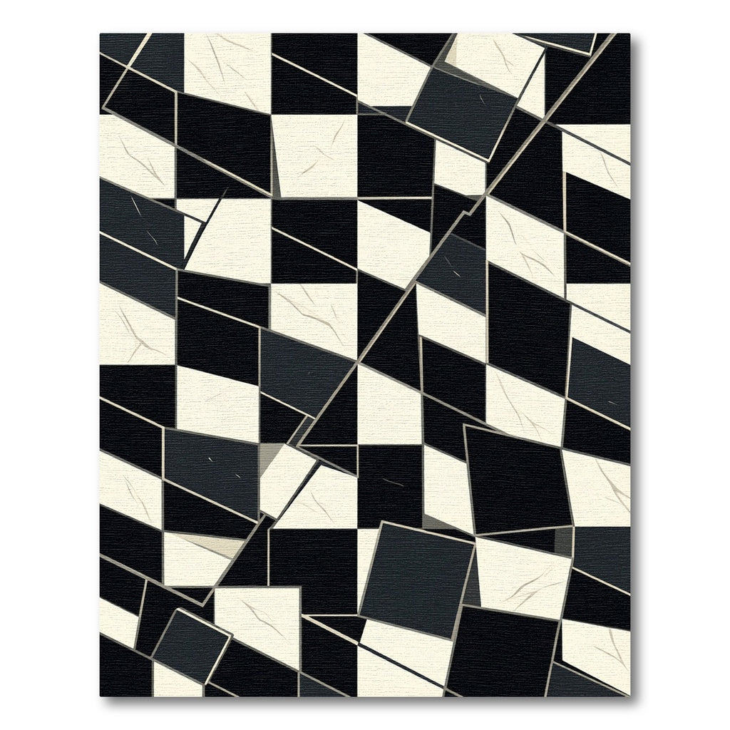 Monochrome Fractured Geometric Checkerboard Art Rug