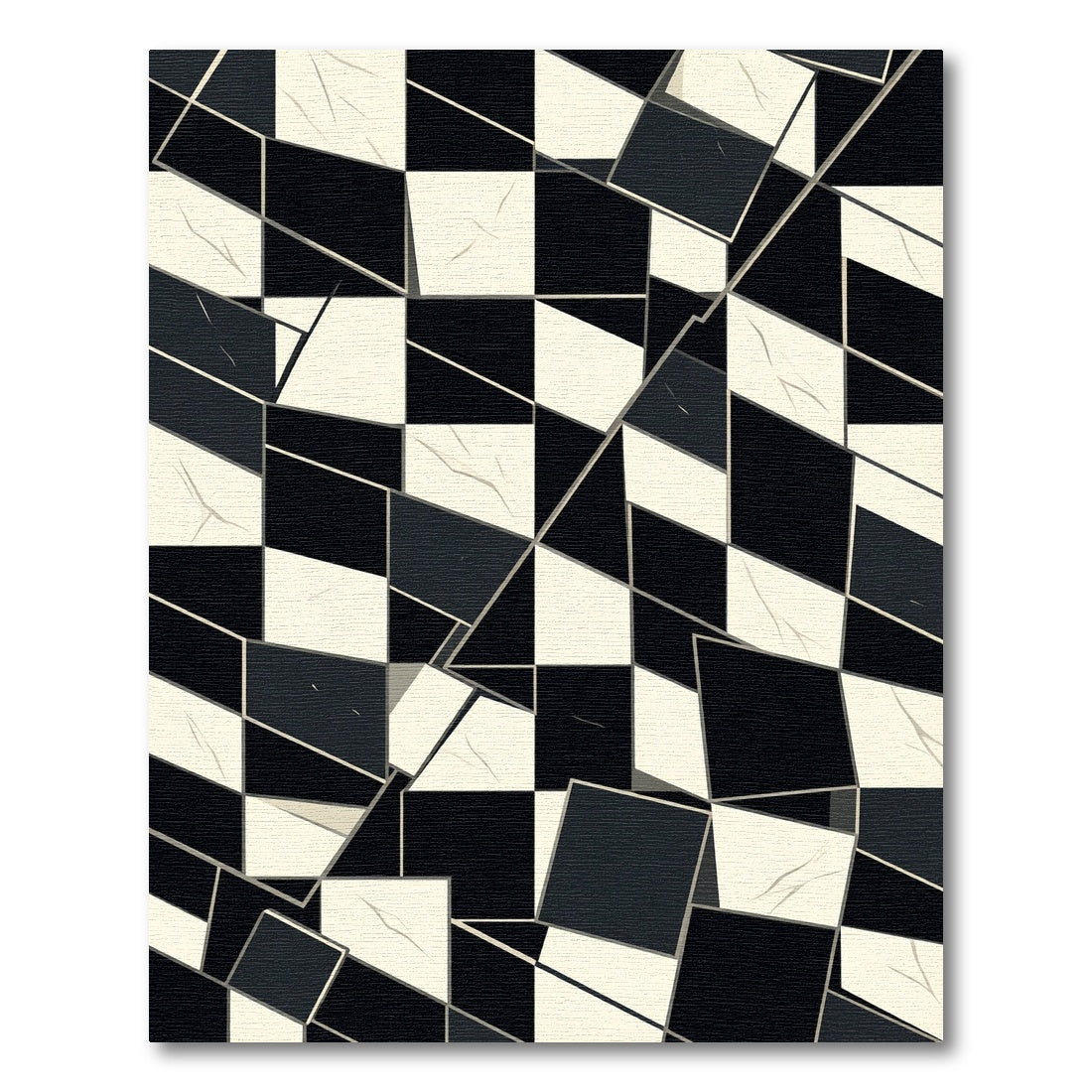 Monochrome Fractured Geometric Checkerboard Art Rug