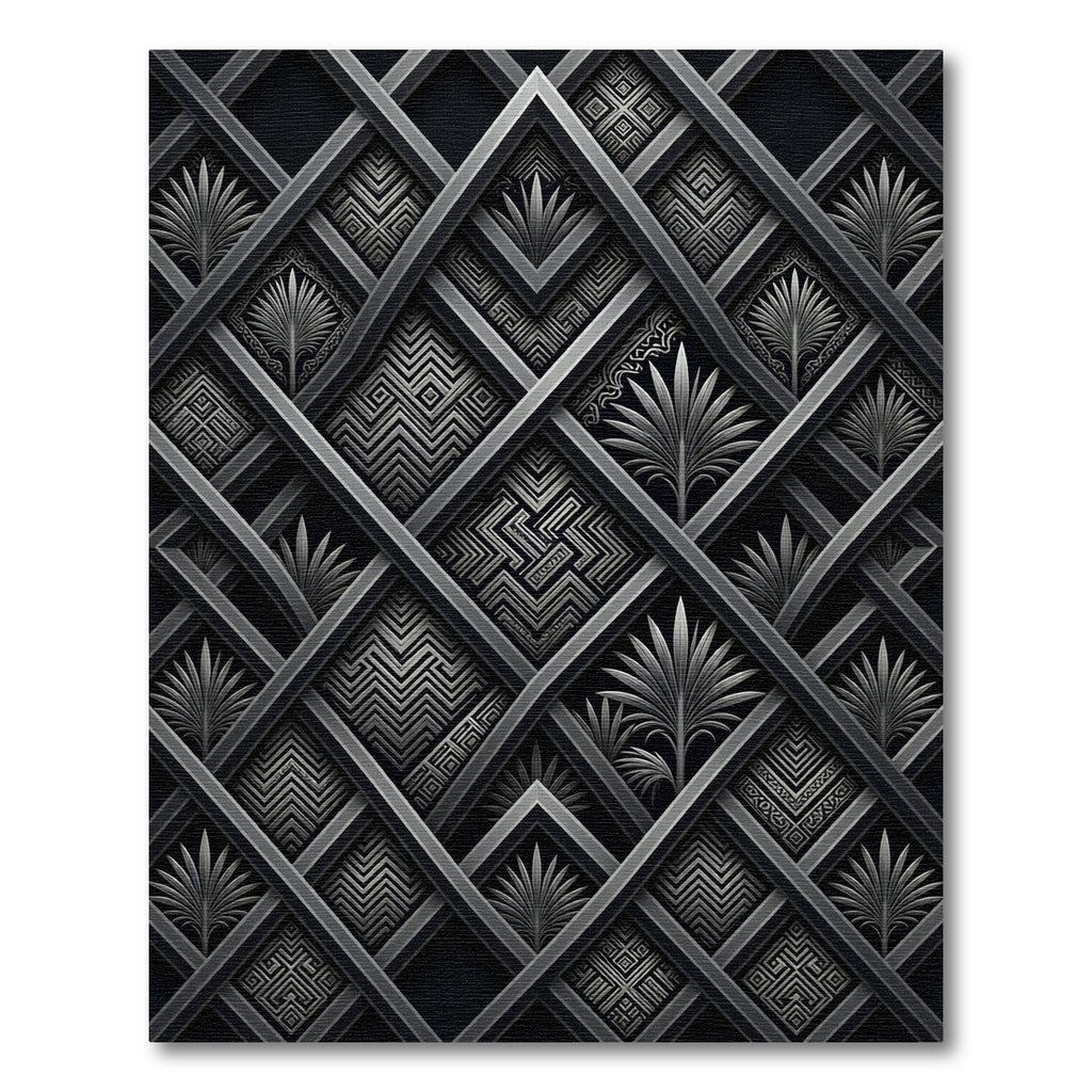 Dark Geometric Lattice Palm Rug