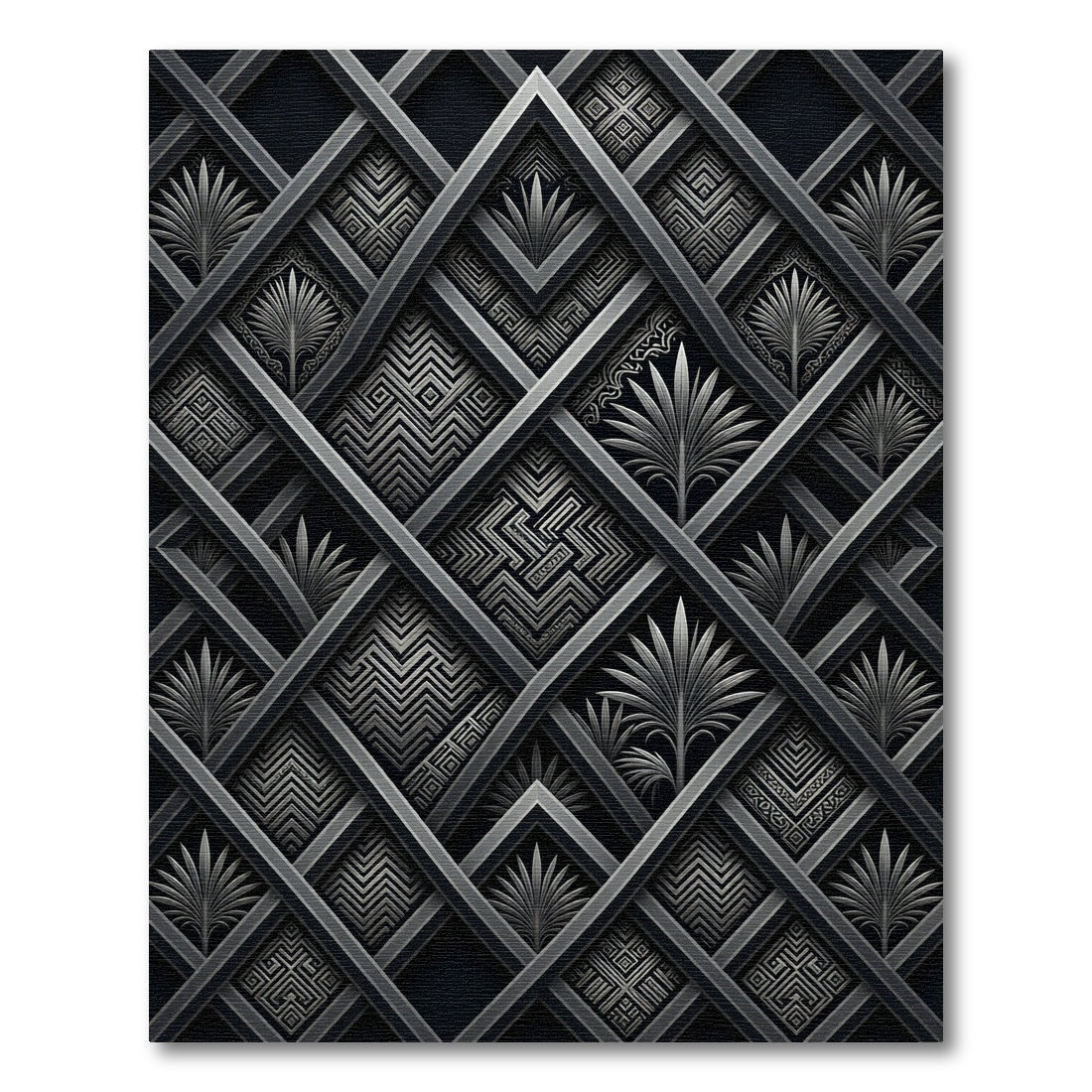 Dark Geometric Lattice Palm Rug