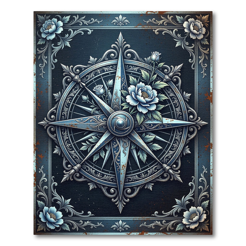 Elegant Blue Floral Compass Medallion Rug