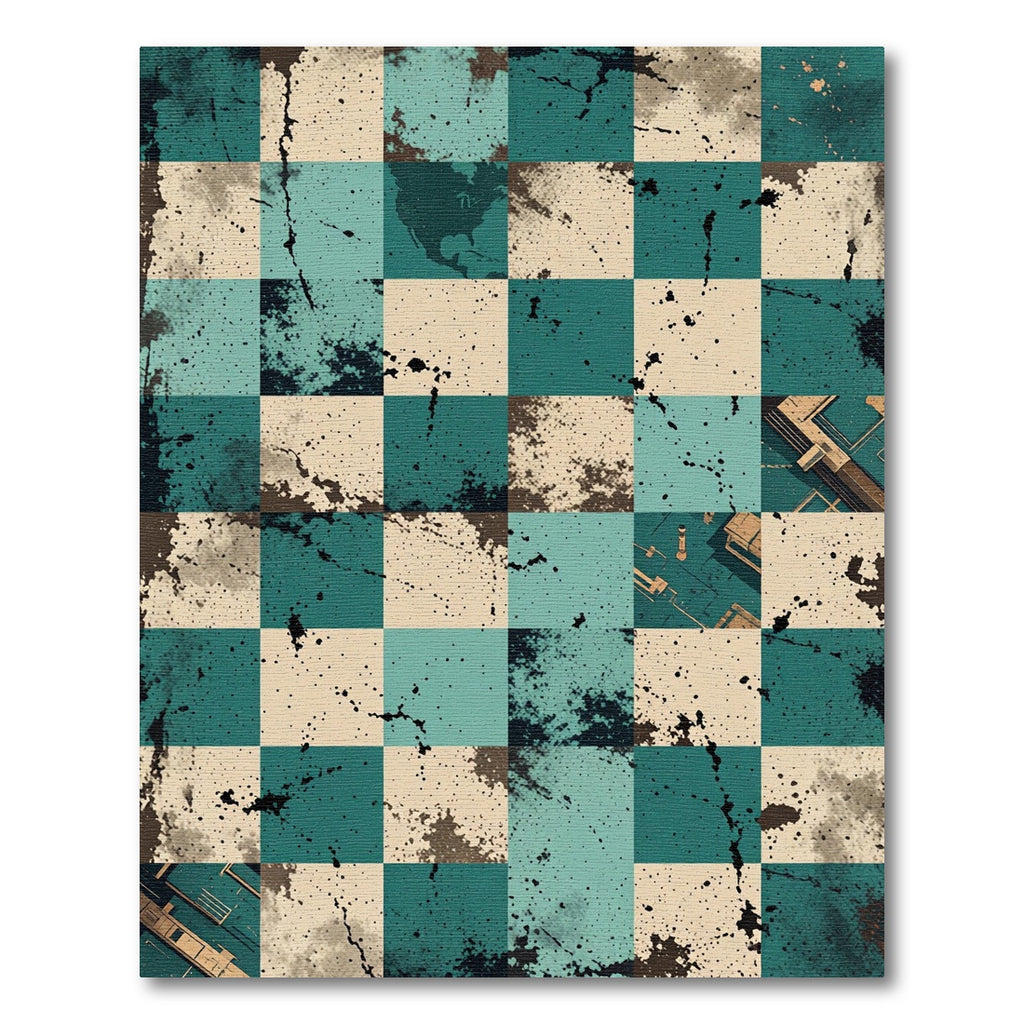 Abstract Teal Brown Splatter Check Rug
