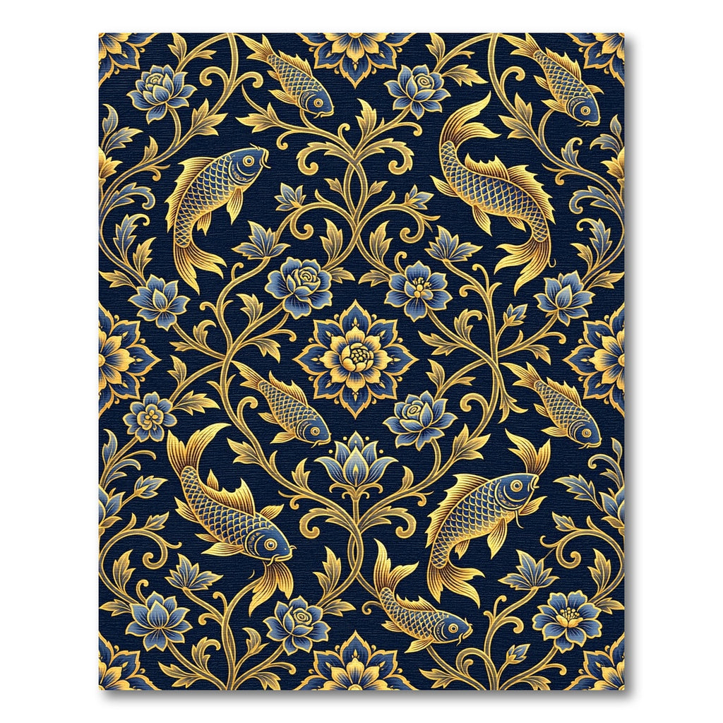 Golden Koi Fish Navy Floral Scroll Rug