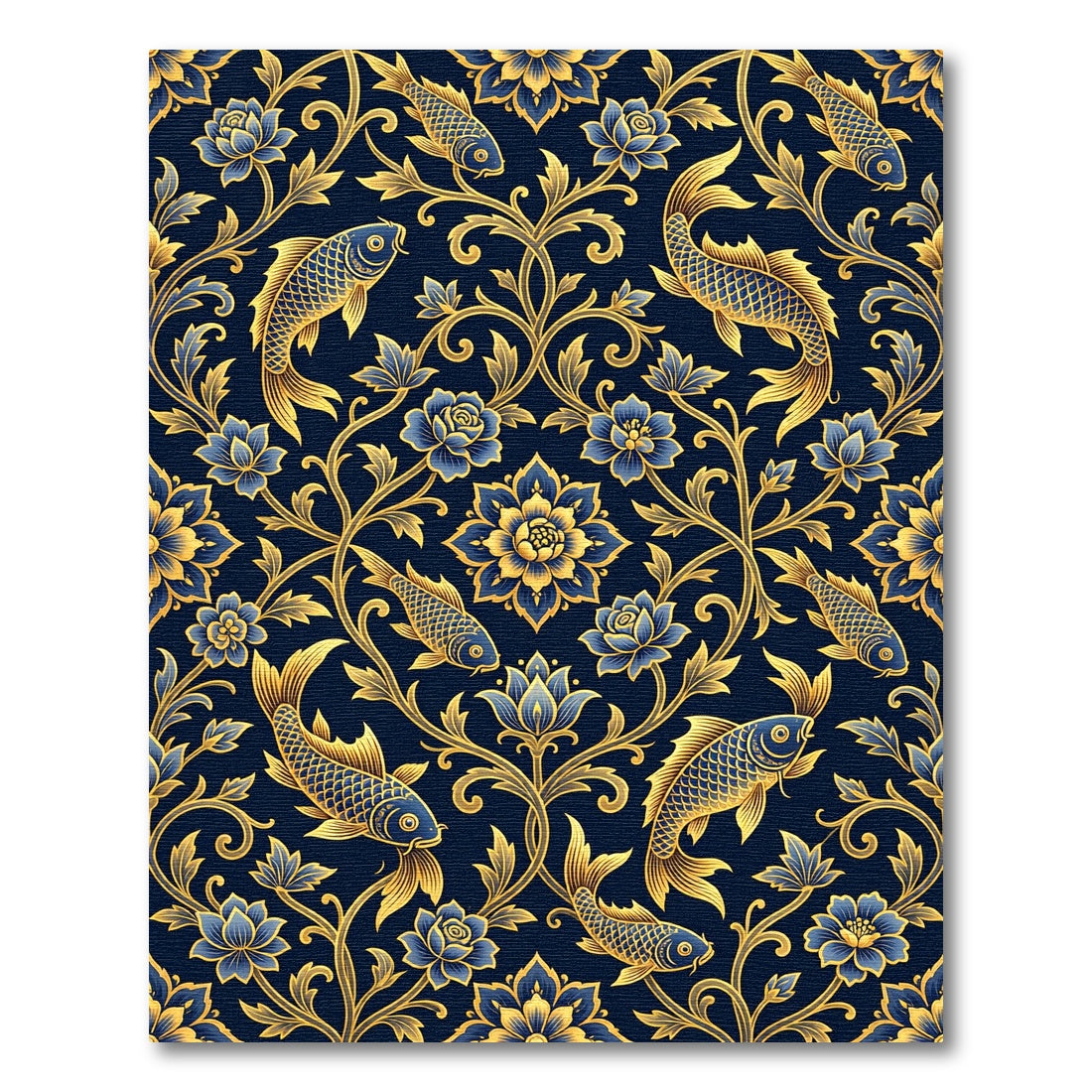 Golden Koi Fish Navy Floral Scroll Rug