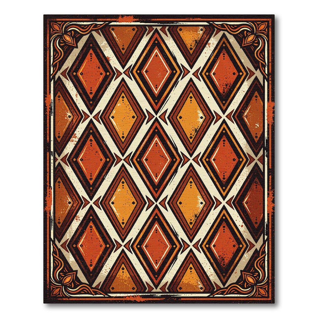 Rustic Burnt Orange Geometric Diamond Art Rug