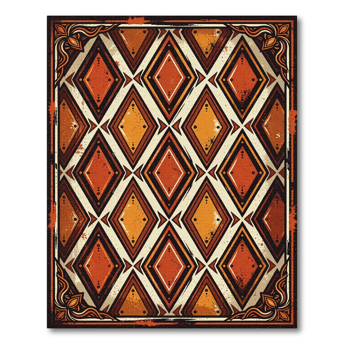 Rustic Burnt Orange Geometric Diamond Art Rug