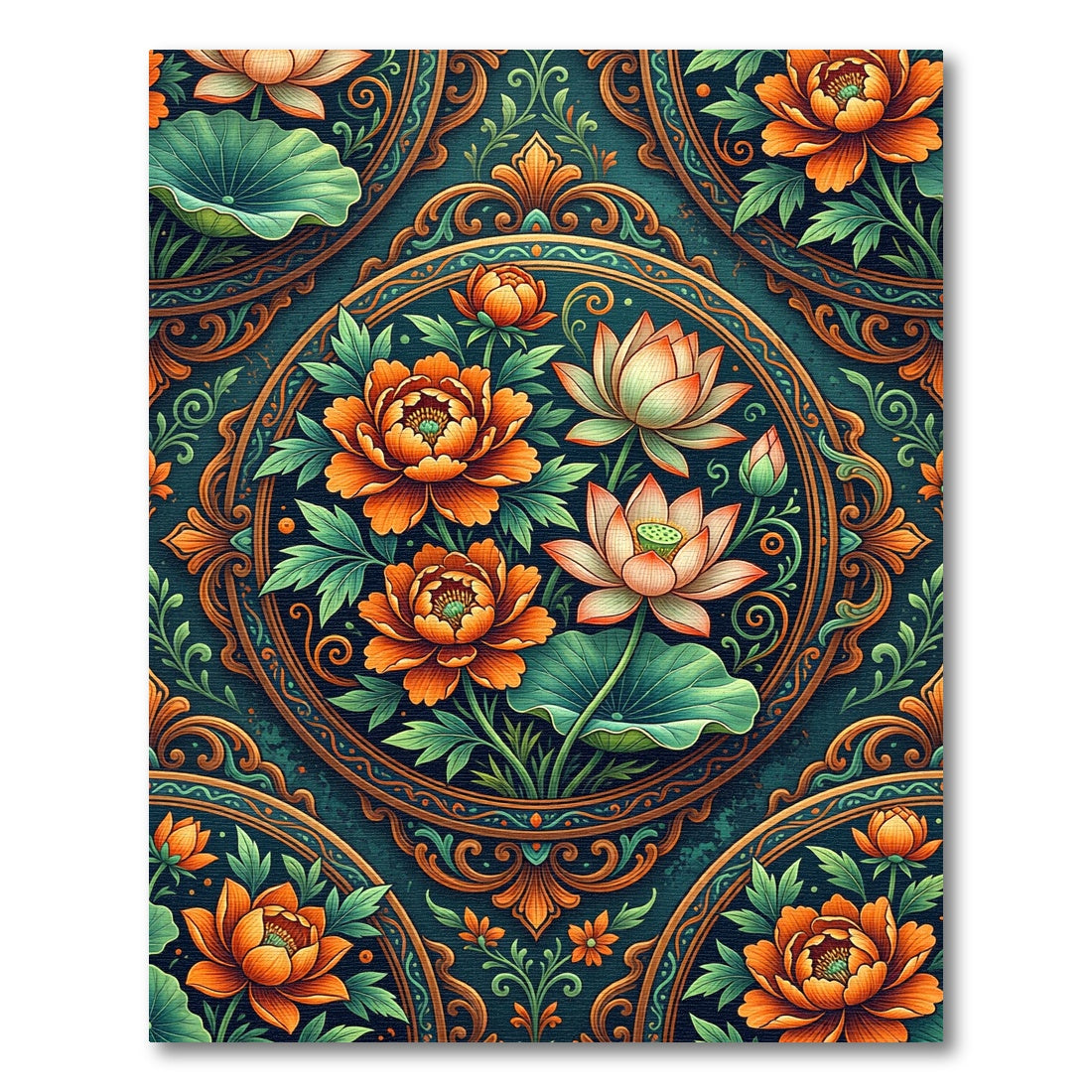Orange Peony Lotus Medallion Floral Rug