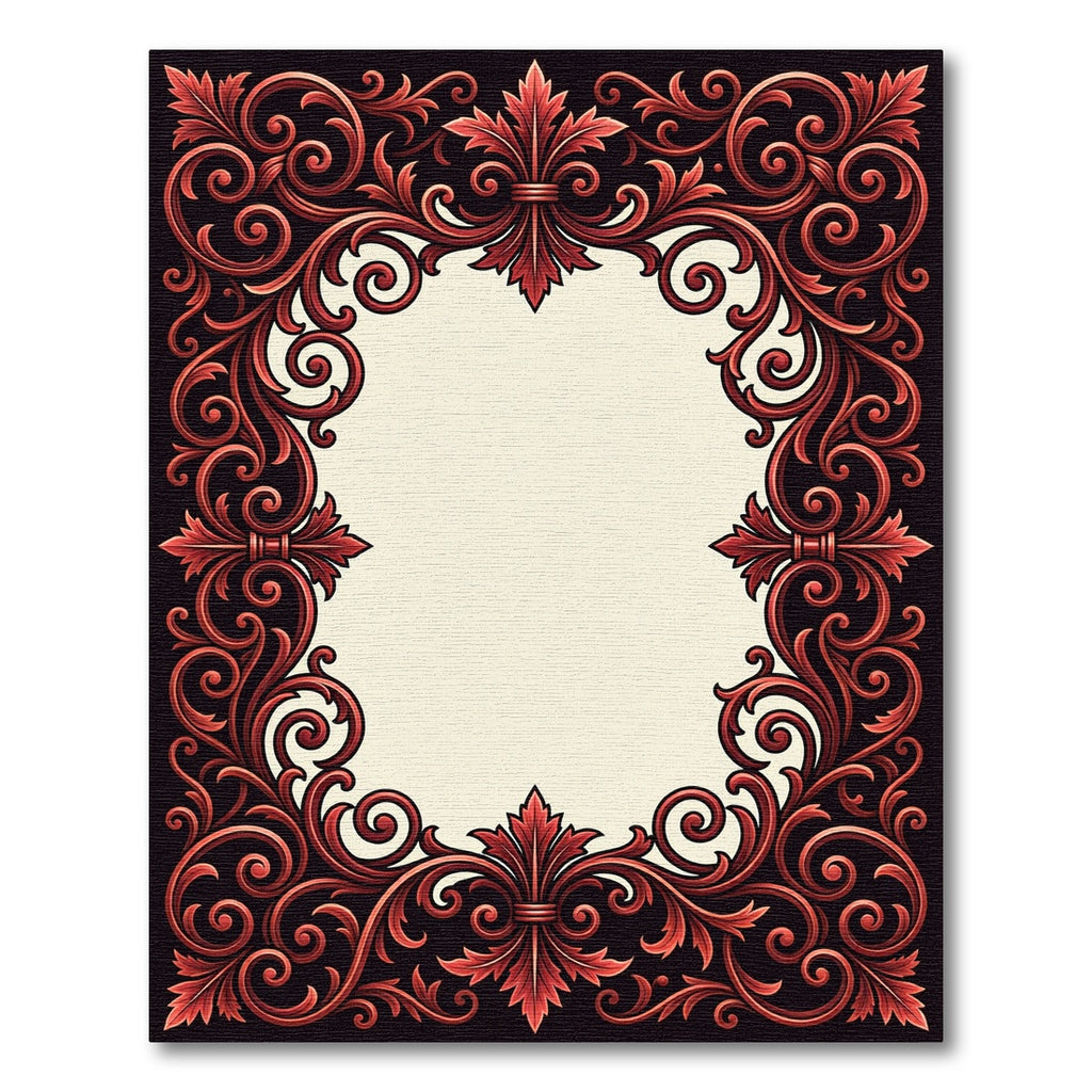 Ornate Crimson Floral Scroll Frame Rug