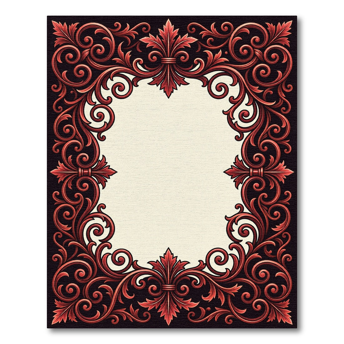 Ornate Crimson Floral Scroll Frame Rug