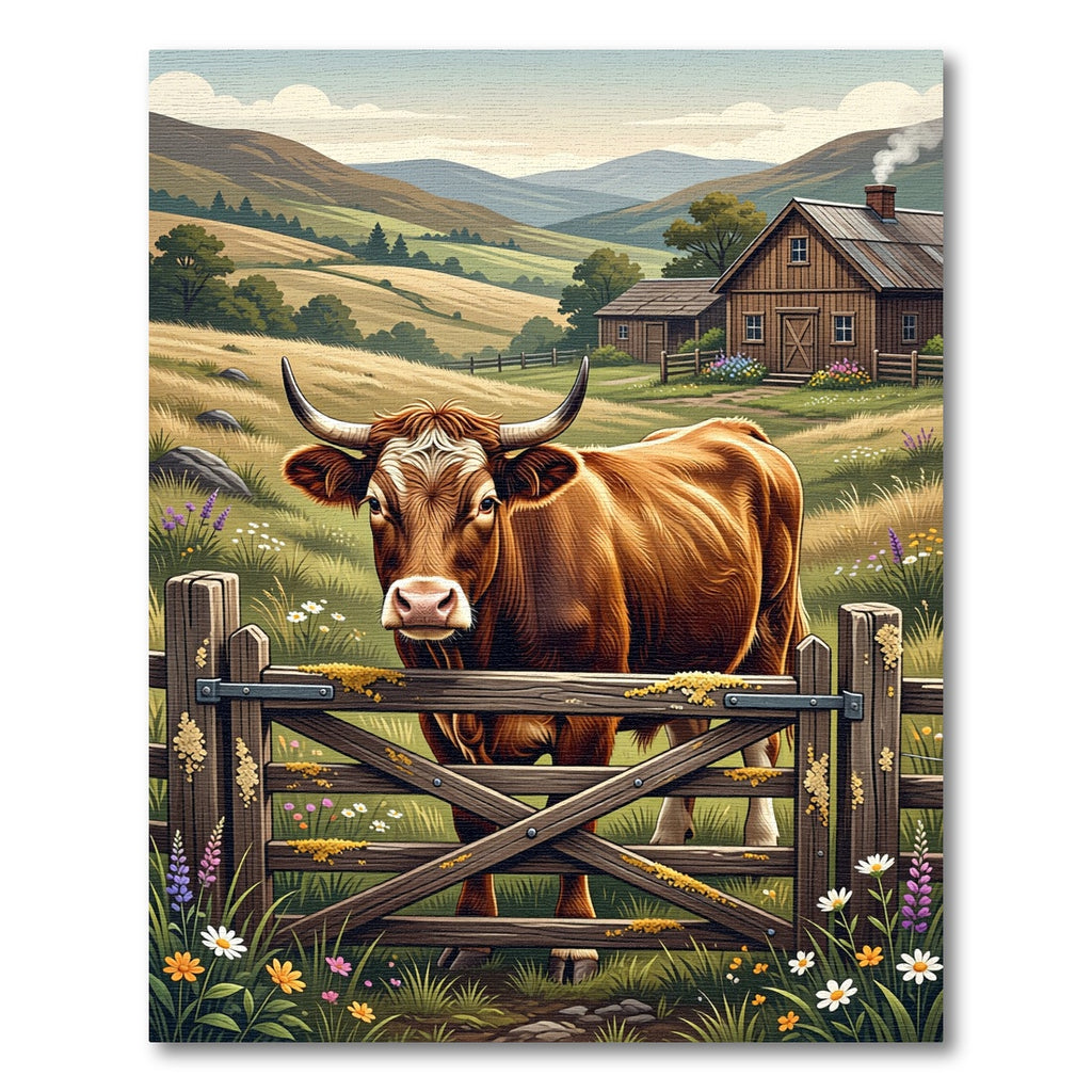 Pastoral Brown Highland Cow Meadow Scene Rug