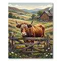 Pastoral Brown Highland Cow Meadow Scene Rug